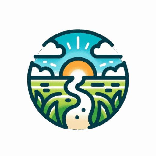 Circular logo featuring a stylized sun, sky, and winding path through green fields - symbolizing balance and natural living.